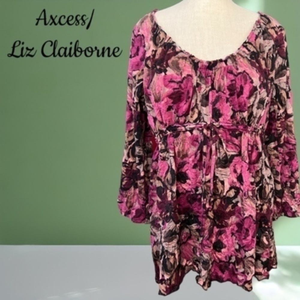AXCESS-LIZ CLAIBORNE 3/4 Sleeve Cinch-Tie Waist ~27”Long Floral Top NWOT/XL